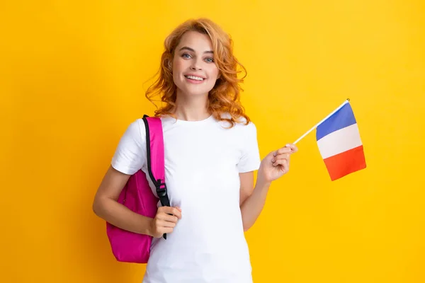 Όμορφο Κορίτσι Γαλλική Σημαία Πορτραίτο Στούντιο Μετανάστευση Και Ταξίδια Σπουδές — Φωτογραφία Αρχείου
