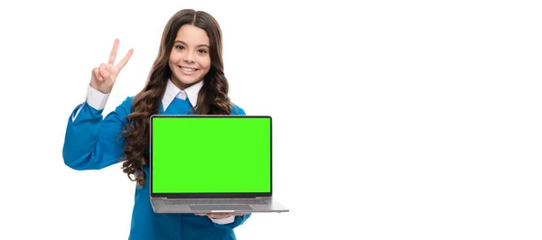 Tiener Meisje Show Laptop Presentatie Webinar Bij Online Onderwijs Terug — Stockfoto