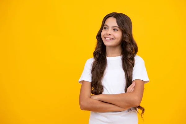 Confident Child Keep Arms Crossed Isolated Yellow Background Empty Space — Foto de Stock