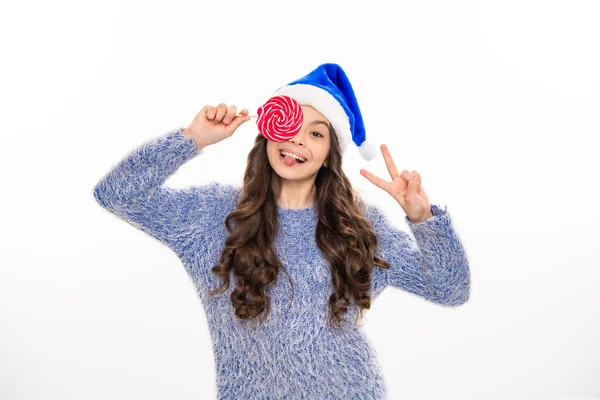 Téli Tinédzser Lány Karácsonyi Nyalókával Boldog Karácsonyt Stúdió Portré Karácsony — Stock Fotó
