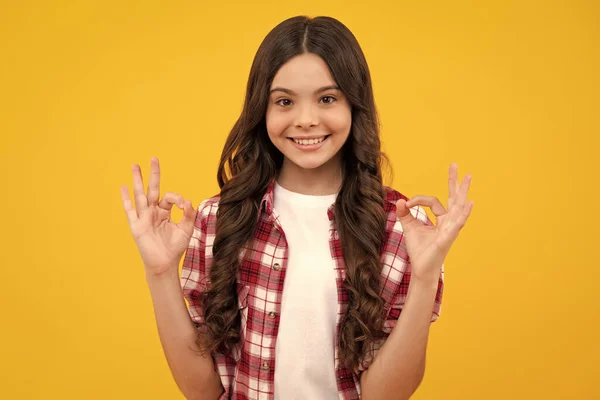 Okay Cute Teenager Child Girl Making Gesture Yellow Background Happy — Foto de Stock