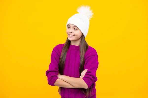 Bonito Retrato Crianças Inverno Menina Adolescente Posando Com Suéter Inverno — Fotografia de Stock