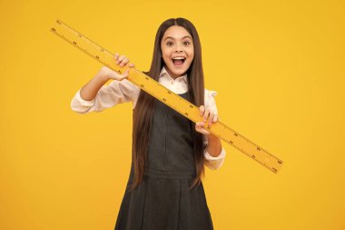 Ergen liseli kız matematik ya da geometri dersi alıyor, boyunu ölçüyor. Ölçmek için matematik hükümdarı. Mutlu kız yüzü, pozitif ve gülümseyen duygular