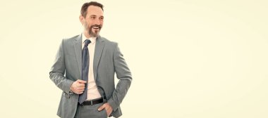 Man face portrait, banner with copy space. business success. successful man in businesslike suit. entrepreneur isolated on white
