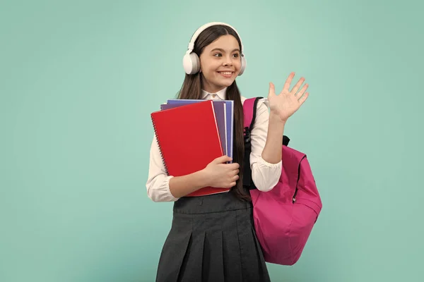 Schoolchild Teenage Student Girl Headphones School Bag Backpack Blue Isolated — Foto de Stock