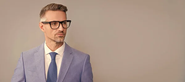 Mature Businessman Elegant Jacket Eyeglasses Gray Background Copy Space Formalwear — Zdjęcie stockowe