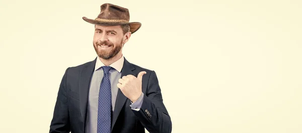 Look Advertising Man Point Finger Aside Advertising Expert Cowboy Hat — Fotografia de Stock