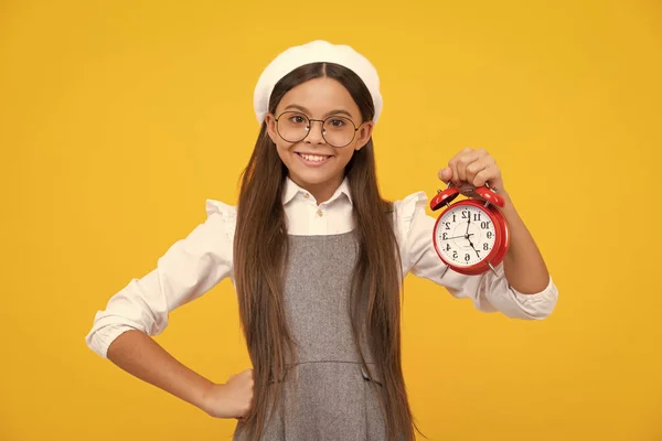 Punctual Teen Girl Checking Time Child Alarm Clock Showing Time — Zdjęcie stockowe