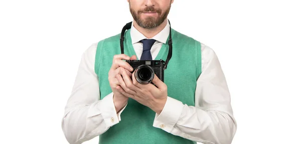 Homem Cortado Segurar Câmera Foto Retro Isolado Fundo Branco Espaço — Fotografia de Stock