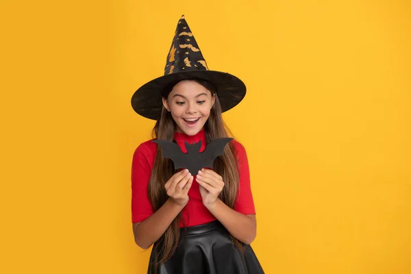 Surprised Kid Bat Wearing Witch Hat Yellow Background Childhood — Foto de Stock