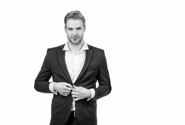 In formal circumstances. Serious man button formal suit jacket. Manager in formalwear. Business professional. Businessman isolated on white, copy space.