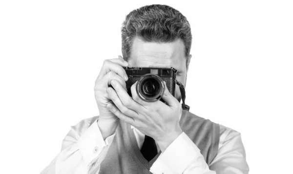 stock image photographer with professional camera isolated on white, photoshoot.