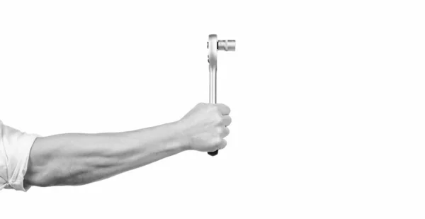 Υποδοχή Κλειδί Εργαλείο Επισκευής Στο Χέρι Απομονώνονται Λευκό Αντίγραφο Χώρου — Φωτογραφία Αρχείου