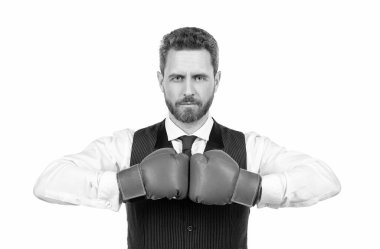 Boks eldivenli kendine güvenen iş adamı beyaz arka planda izole edilmiş, boks.