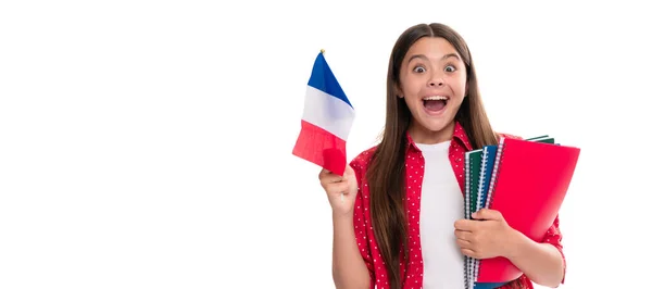Csodálkozó Kölyök Tartja Francia Zászló Iskolai Másolókönyv Tanulás Elszigetelt Fehér — Stock Fotó