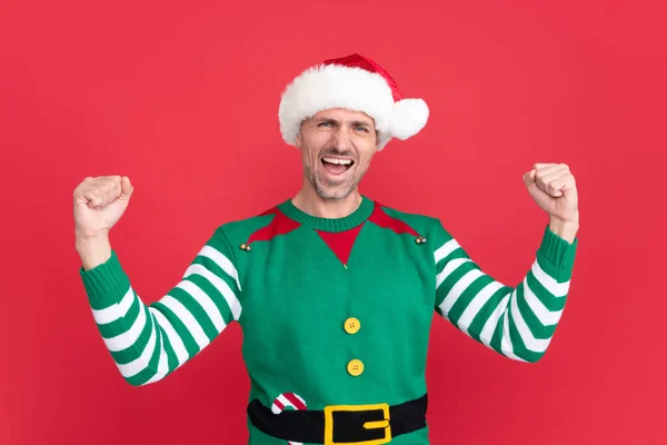 Sentir Éxito Feliz Gritando Hombre Traje Elfo Chico Navidad Sombrero —  Fotos de Stock