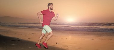Man running and jumping, banner with copy space. jogger. sport athlete run fast to win in sea sunset. morning workout activity. healthy man running