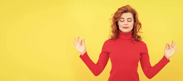 Stock image Woman isolated face portrait, banner with copy space. young redhead woman relax meditating with closed eyes, yoga meditation