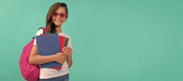 Happy Kid Backpack Copybook Sunglasses Ready Study School Portrait Schoolgirl — Zdjęcie stockowe