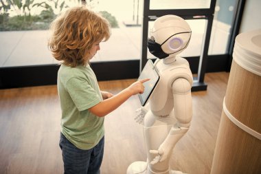 curious kid interact with robot artificial intelligence, communication.