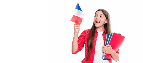 Ταξιδέψτε Στη Γαλλία Εκμάθηση Ξένης Γλώσσας Έκπληκτος Έφηβος Κορίτσι Κατέχουν — Φωτογραφία Αρχείου