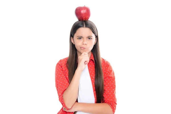Teenager Child Girl Biting Tasty Green Apple Thinking Pensive Clever — Stock Photo, Image
