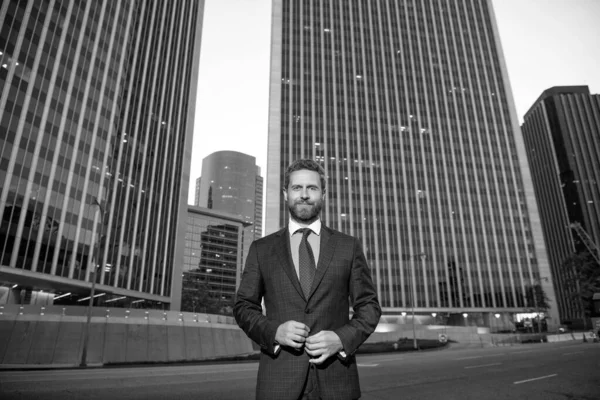 stock image business success. successful man in businesslike suit. manager executive outside the office. male formal fashion. confident bearded boss. businessman in formalwear.