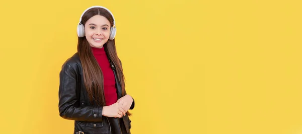 Positive Teen Girl Listen Music Headphones Yellow Background Child Portrait — Stock Photo, Image