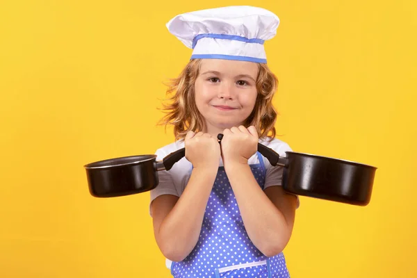 Kid Chef Cozinheiro Com Panela Cozinhar Criança Cozinheira Retrato Estúdio — Fotografia de Stock