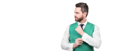 Man face portrait, banner with copy space. mature elegant man with beard. hair and beard care. formal businessman isolated on white