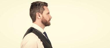 Man face portrait, banner with copy space. profile view of bearded businessman in business casual style, copy space, hairstyle