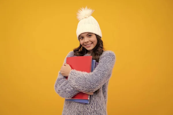 Portrait School Teenage Girls Autumn Hat Holding Copybooks Backpack Yellow — Fotografia de Stock