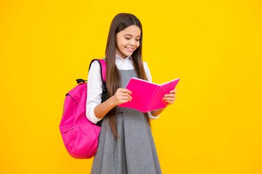 Kitap ve defter ile liseli kız çocuğu. Tecrit edilmiş genç bir öğrenci. Öğrenme ve bilgi. Git çalış. Eğitim kavramı