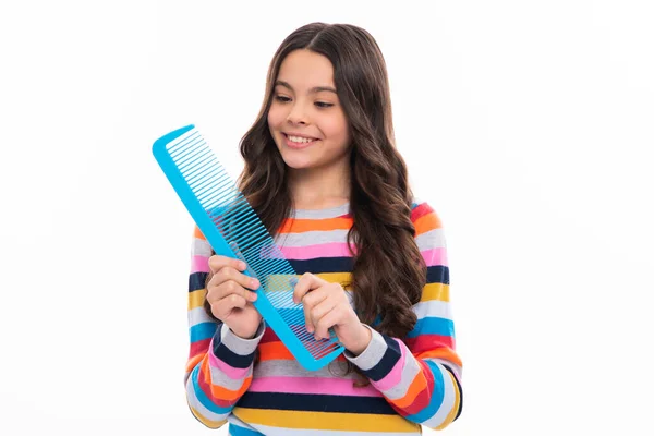 Child Girl Brush Combing Hair Girl Taking Haircare Hairstyle Happy — Stock Photo, Image