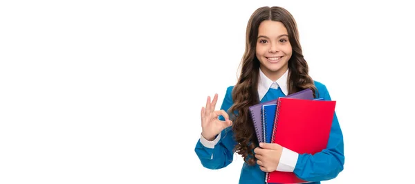 Menina Adolescente Feliz Com Notebook Volta Escola Criança Pronta Para — Fotografia de Stock