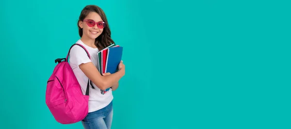 Happy Child Backpack Copybook Sunglasses Ready Study School School Banner — Stock Photo, Image