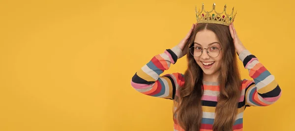 Happy Teen Girl Glasses Wear Princess Crown Yellow Background Prom — 스톡 사진