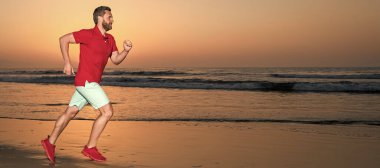 Man running and jumping, banner with copy space. hurry up. endurance and stamina. active sprinter. sport athlete run fast to win in sea sunset