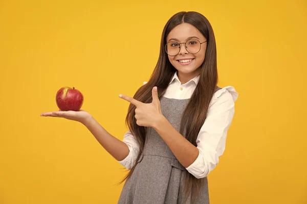 Fresh Apple Teenager Girl Hold Apples Yellow Isolated Studio Background — Stok fotoğraf