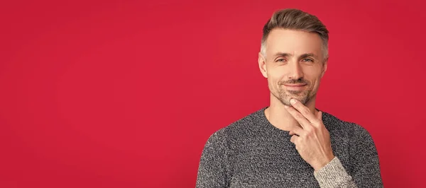 Smiling Handsome Man Wear Sweater Red Background Portrait Man Face — Stockfoto