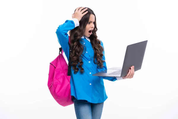 Excited Face Young Girl Student Studying Hold Computer Learning Concept — Stock Photo, Image
