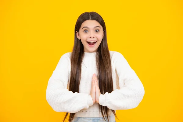 stock image Childrens day. Portrait of emotional positive teenage child girl shouting in amazement or astonishment face, astonished with surprise