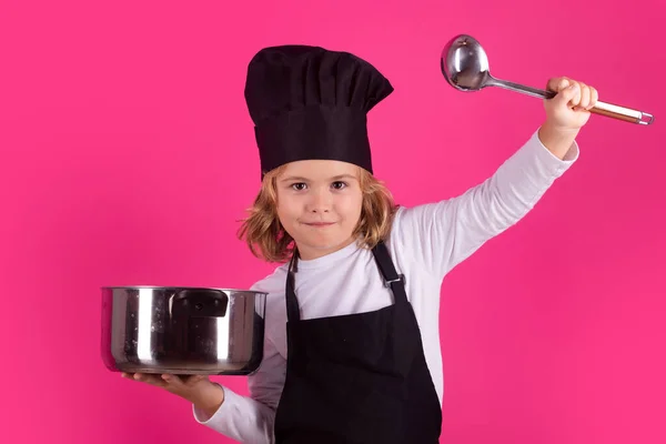Criança Cozinheiro Chef Com Panela Cozinha Concha Cozinheiro Chef Animado — Fotografia de Stock