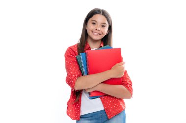 Teenager school girl with books isolated white studio background. Portrait of happy smiling teenage child girl