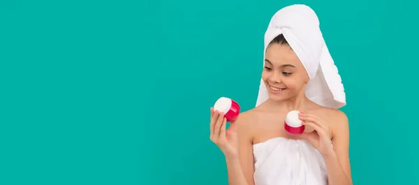 Girl Healthy Skin Facial Treatment Happy Child Bath Tower Choose — Stock Photo, Image