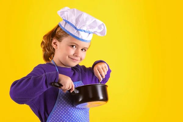 Kid Chef Cozinheiro Com Panela Cozinhar Cozinheiro Chef Animado Criança — Fotografia de Stock