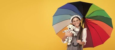 happy teen girl under colorful umbrella in autumn season hold toy. Child with autumn umbrella, rainy weather, horizontal poster, banner with copy space