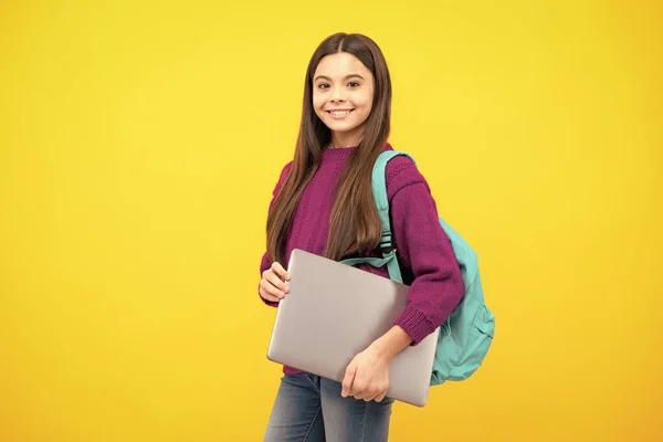 Schoolchild Teenage Student Girl Laptop Yellow Isolated Studio Background Children — ストック写真