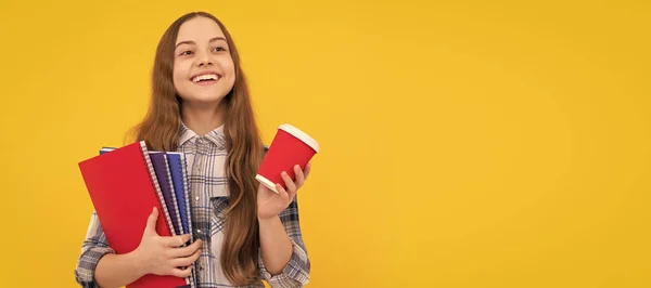 Happy Teen Girl Checkered Shirt Holding Coffee Cup Notebook Yellow — Fotografia de Stock