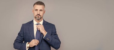 Man face portrait, banner with copy space. business success. successful man in businesslike suit. entrepreneur or manager